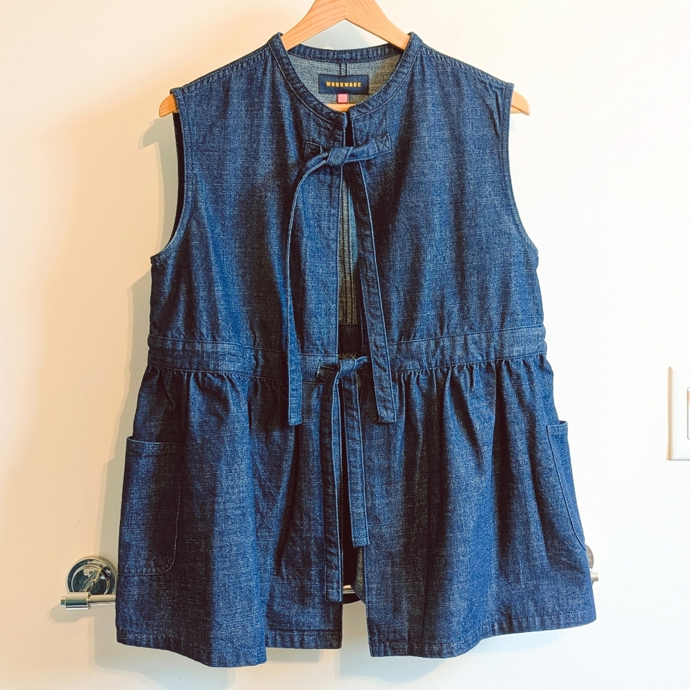 Sleeveless Tie-Front Denim Vest - Dark Blue